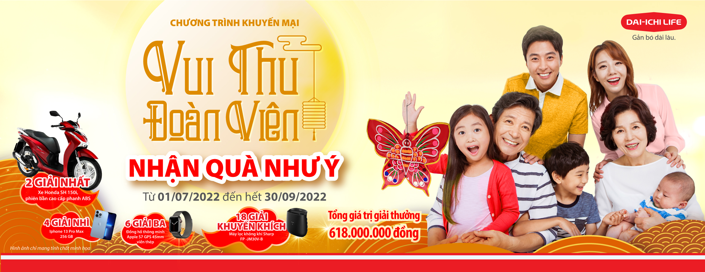 Dai-ichi Life Việt Nam tiếp tục triển khai Chương tr&igrave;nh khuyến mại thứ 5- &ldquo;Vui Thu Đo&agrave;n Vi&ecirc;n, Nhận Qu&agrave; Như &Yacute;&rdquo; nh&acirc;n m&ugrave;a Trung Thu 2022 với nhiều giải thưởng hấp dẫn c&oacute; tổng trị gi&aacute; hơn 600 triệu đồng. 